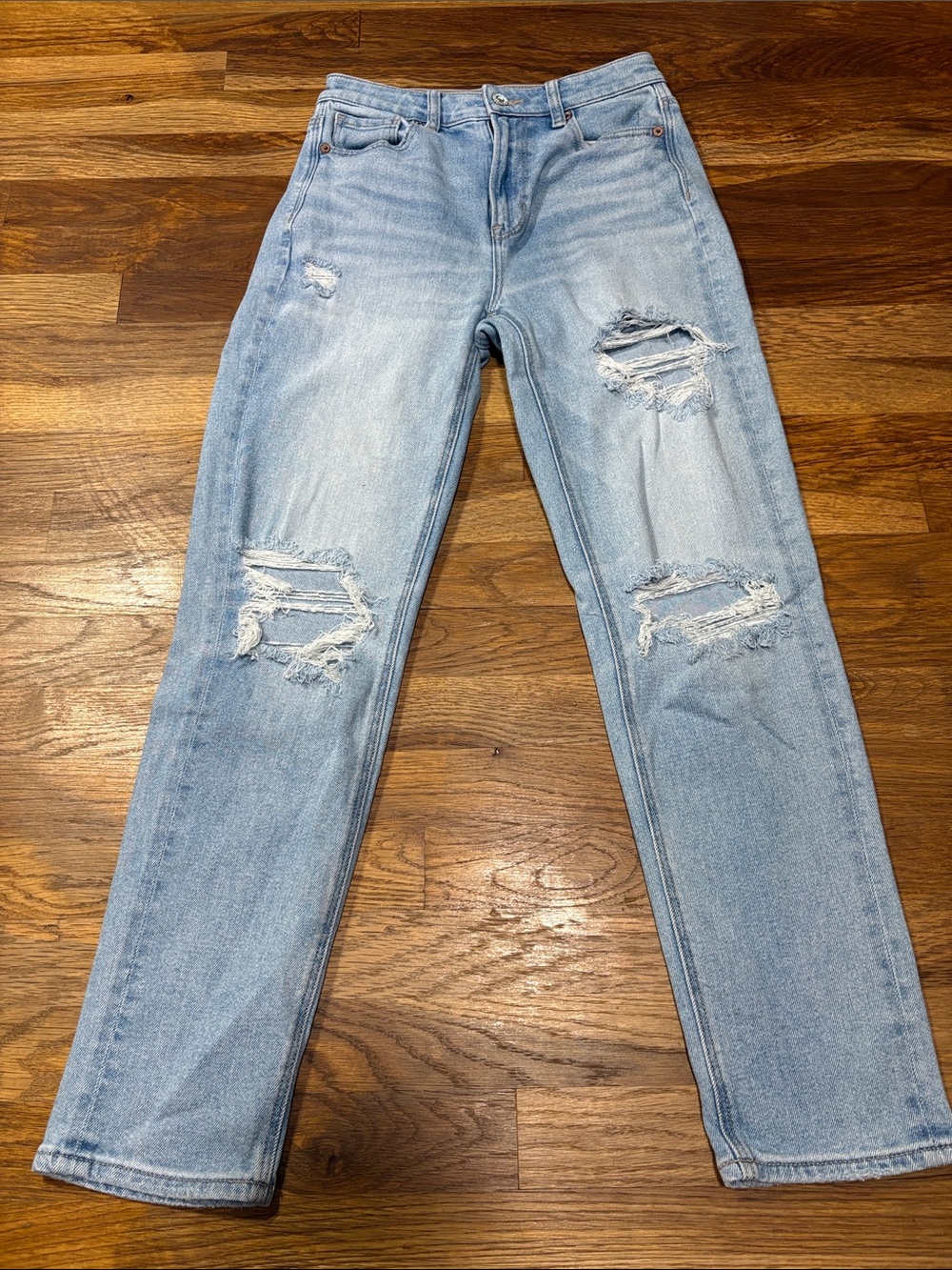 American Eagle distressed mom straight jeans.